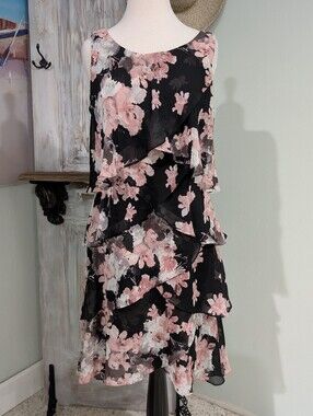 S.L. Fashions Black Floral Dress with Pink Blooms
